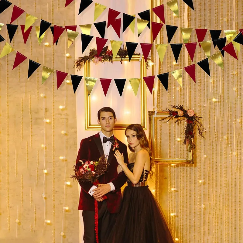 Red Black Gold Triangle Flag Banner Garland for Graduation Birthday Bachelorette Engagement Bridal Shower Casino Party Supplies