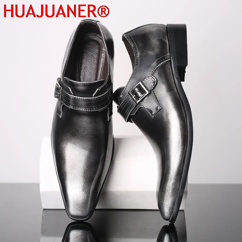 Men's Fashion Vintage Buckle Derby Shoes Men Leather Dress Shoes Wedding Party Mens Business Office Oxfords Slip-On Flats