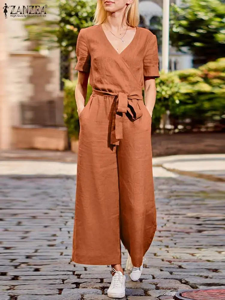 

Комбинезон ZANZEA женский с коротким рукавом, модный ромпер с широкими штанинами, повседневный офисный комбинезон оверсайз, лето 2024