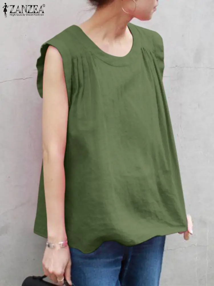 

ZANZEA Summer Fashion Sleeveless Tank Tops Woman Casual Cotton Tunic Blouse Female Elegant Solid Vest O-Neck Tees Shirt Oversize