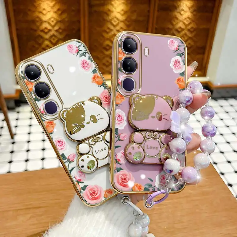 Elegant Gradation Rose Leaves Phone Case Set with Lanyard and Rabbit Stand