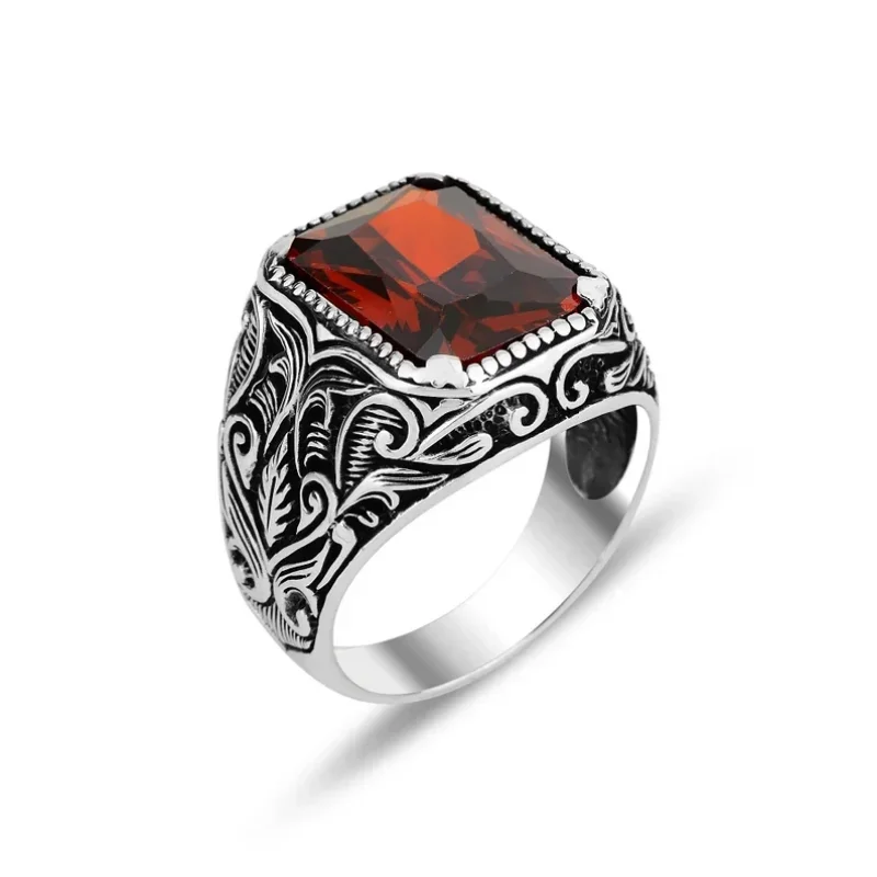 Creative Inlaid Square Red Zircon Ring for Men New Fashion Silver Color Carved Ring Vintage Handmade Ring Anillos De Bodas