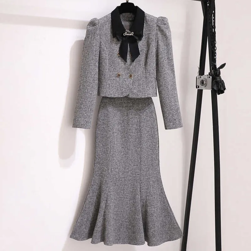 

Женский элегантный блестящий костюм для выпускного вечера, жакет и длинная юбка-годе, комплект из двух предметов, одежда сезона зима-осень 2023, одежда для праздника, рабочая одежда