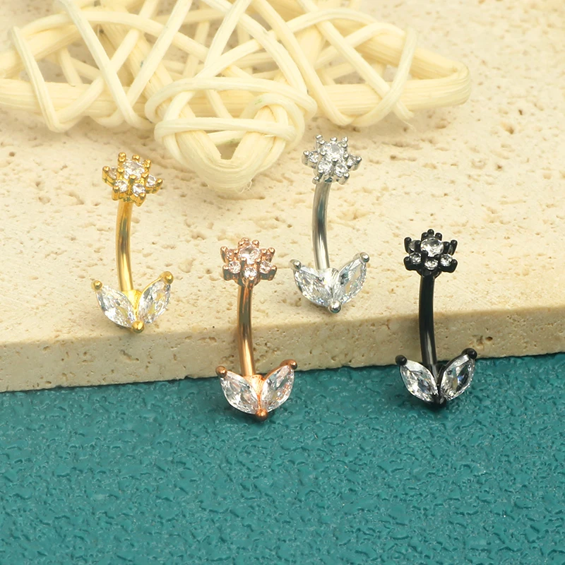 Sexy Navel Piercing Belly Button Rings Bar Crystal Zircon Dangling Ombligo Party Stud Barbell for Woman Body Jewelry 14g Flowr