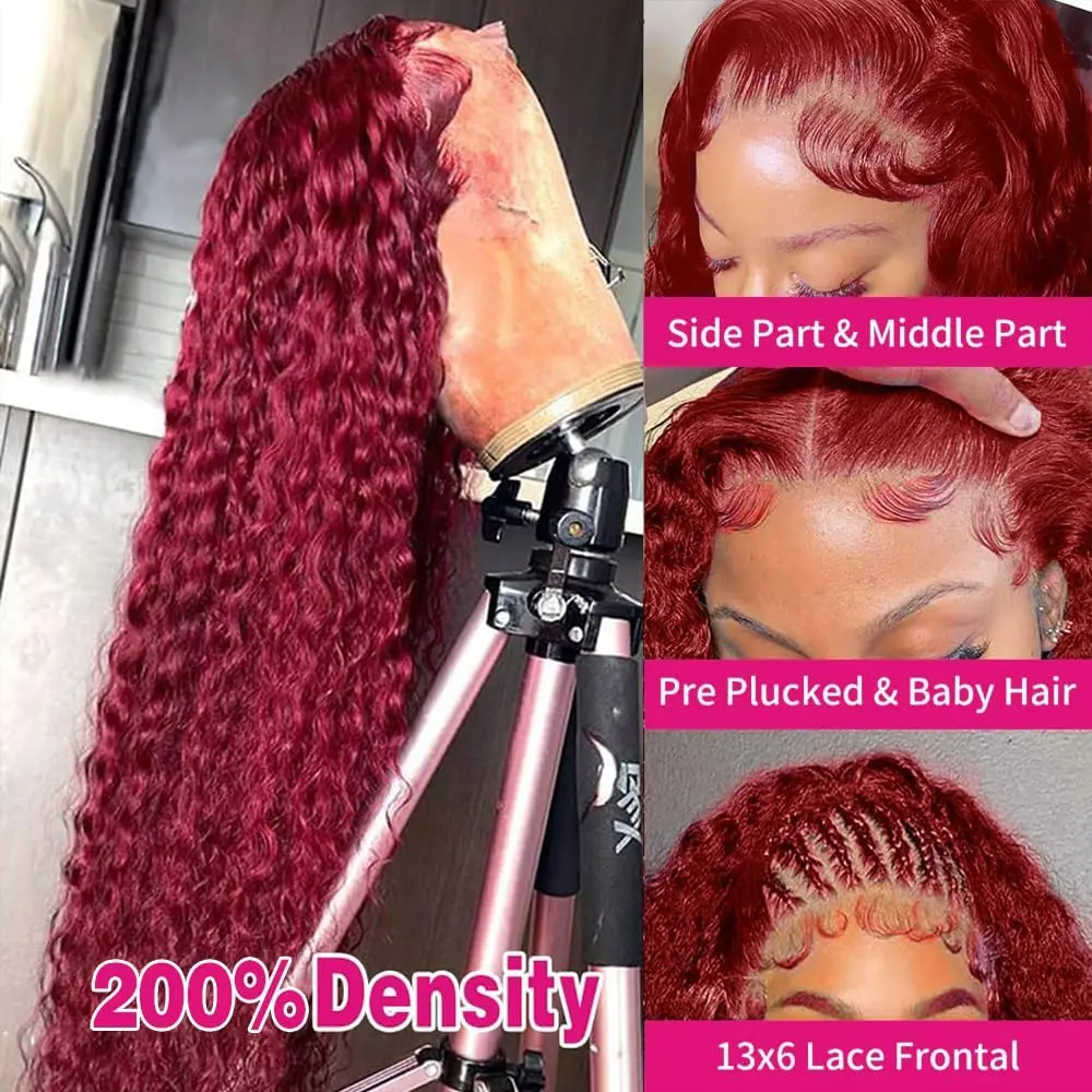 Burgundy 30Inch Jerry Curl 99J Lace Front Wigs Human Hair Wigs 13x4 HD Lace Front Wigs Human Hair Pre Plucked Burgundy Wig 2