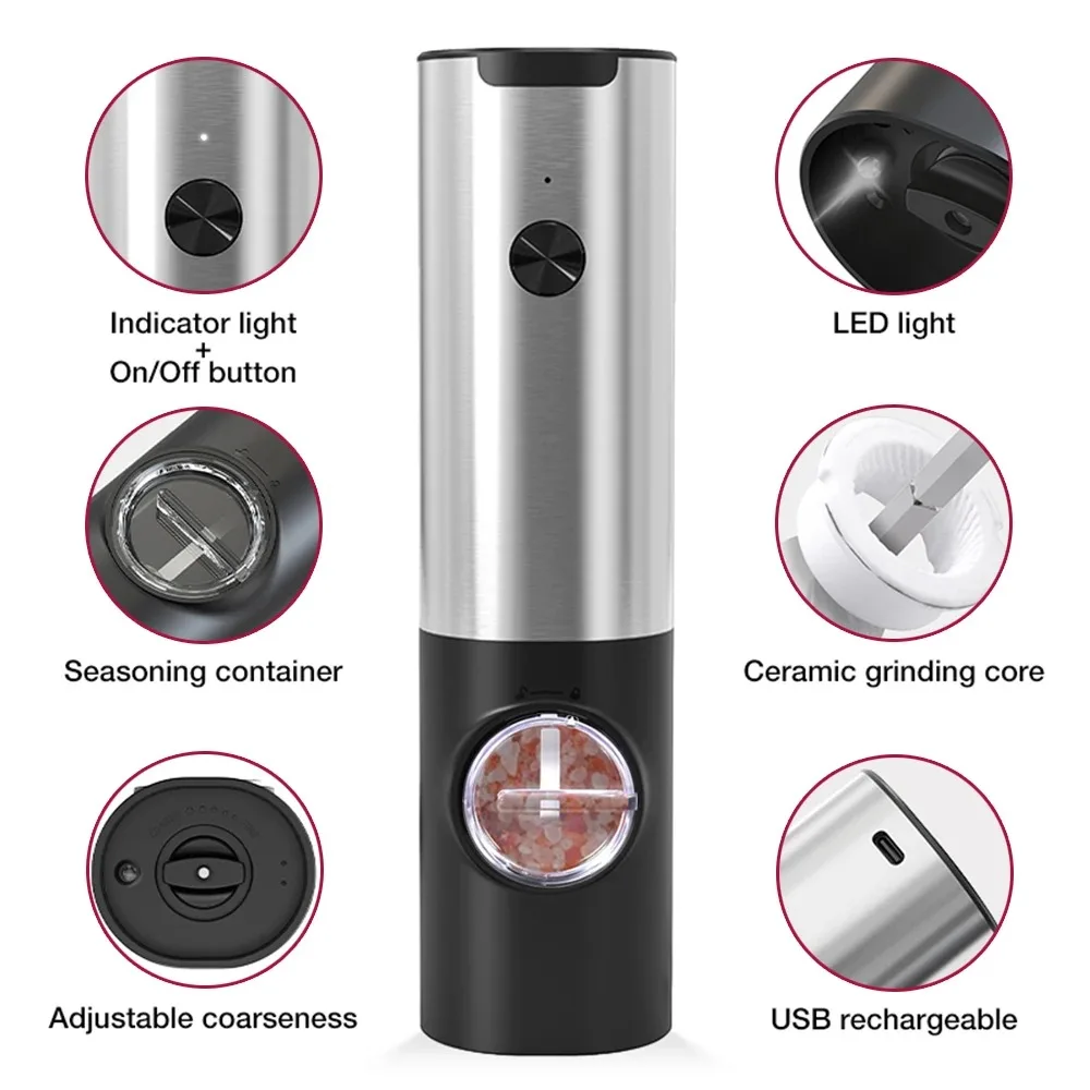 Electric Pepper Grinder Stainless Steel Salt And Pepper Grinder USB Rechargeable Adjustable Coarseness Spice Mill Kitchen Tool
