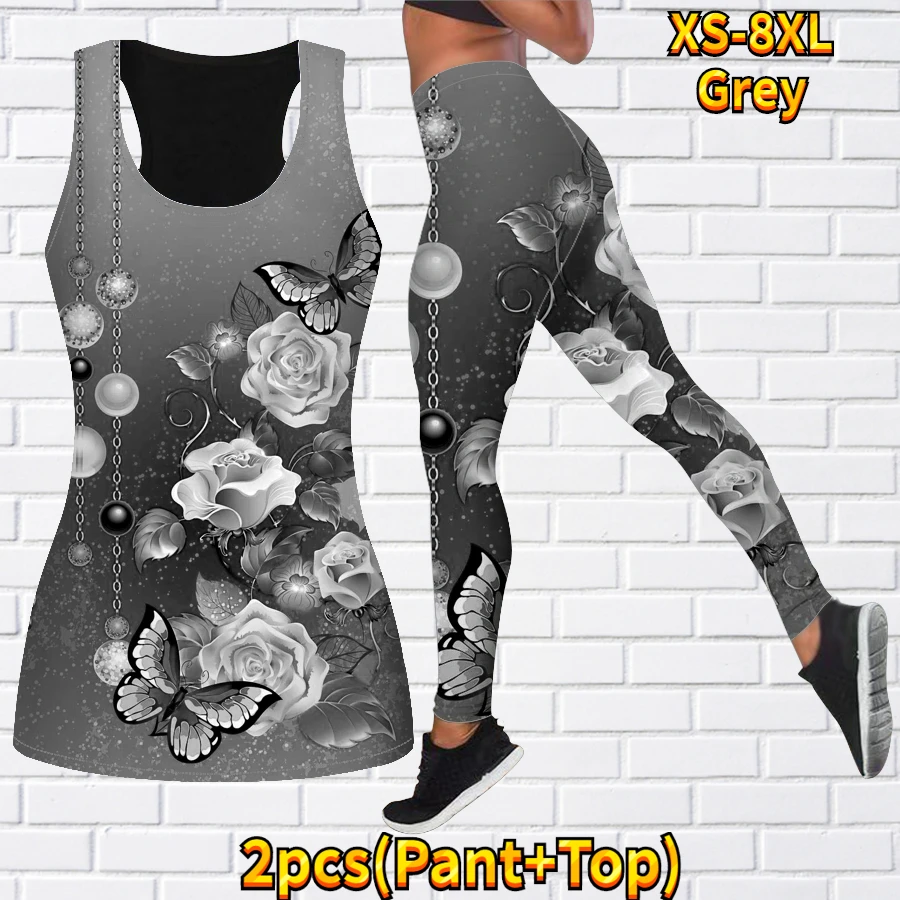Women\'s Fashion 3D Blossom Print Tank Top and Tights Summer Sleeveless Slim Fit Tank Top Yoga Set XS-8XL