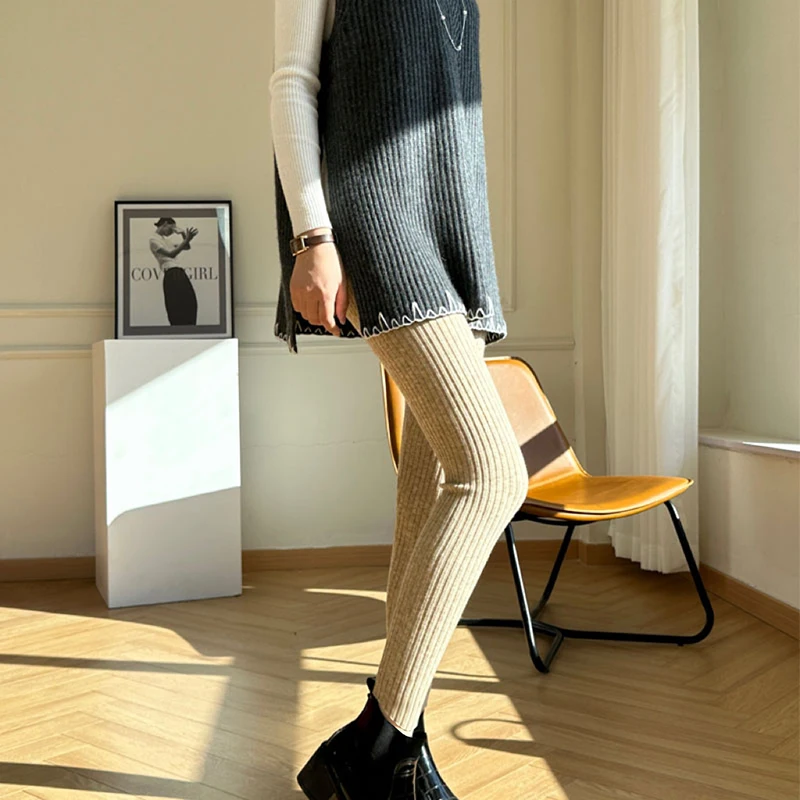 knit leggings women's pants slim nine-point pants autumn winter Inner and outer wear high waist tight casual small feet pants