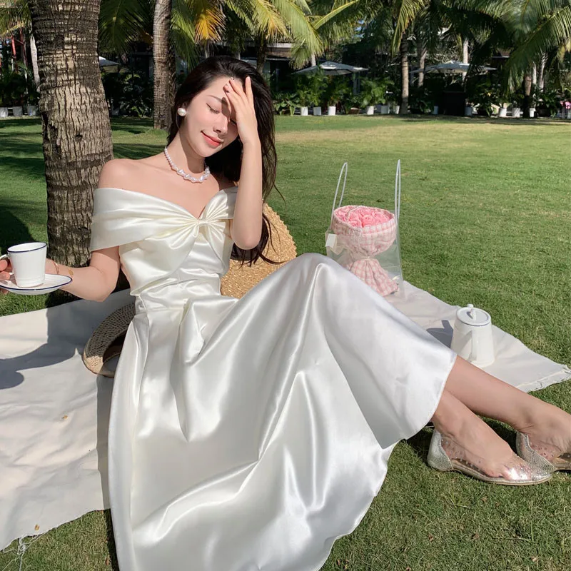 

Off Shoulder French Elegant White Party Dress Cross Bow Summer Fashion A Line Holiday Dress Fairy Seaside Vacation Beach Dresses