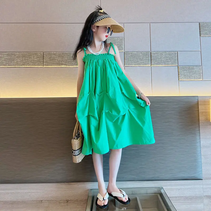 

2023 summer Princess Kids sundress loose Dresses Girls Long Clothes off teenager braces skirt