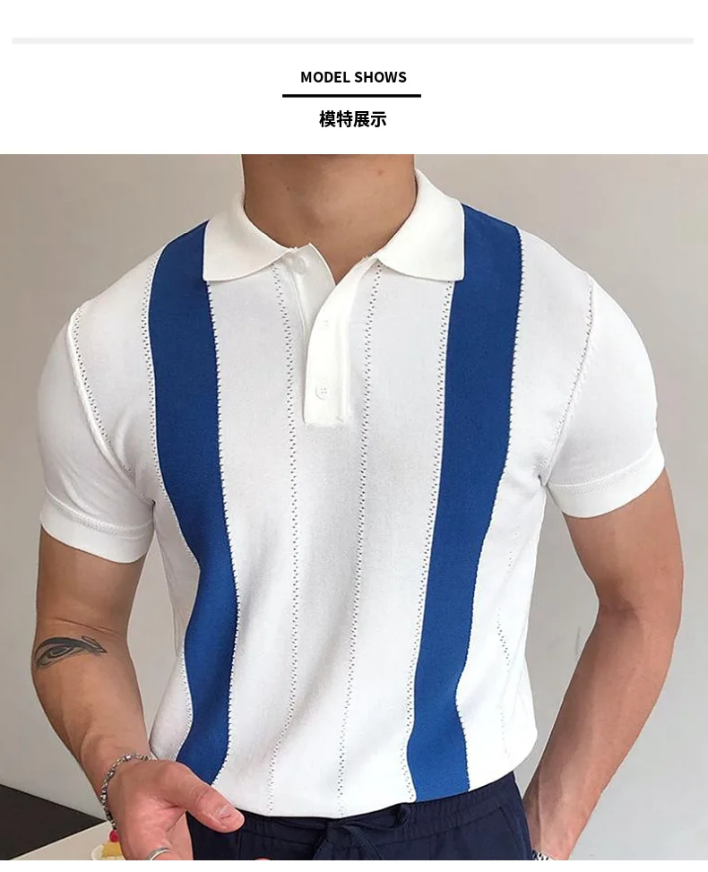 Description Picture 6 of itemFashion Men's Business Casual Polo Shirt Vintage Striped Patchwork Knitting Short Sleeve Shirts Summer Men Breathable Sport Tops