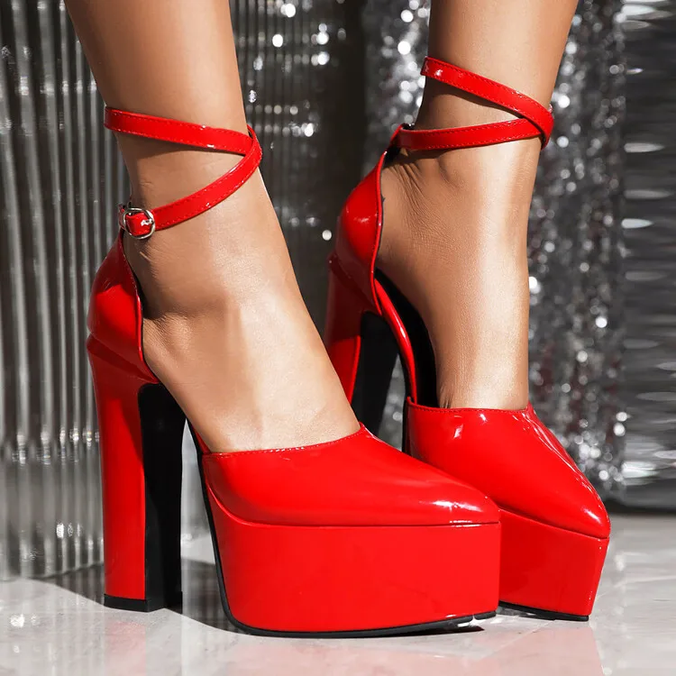 

2024 New Platform Shoes High Heels Pointed Toe Women's Wedding Party Shoes Ankle Buckle Patent Leather Women Shoes