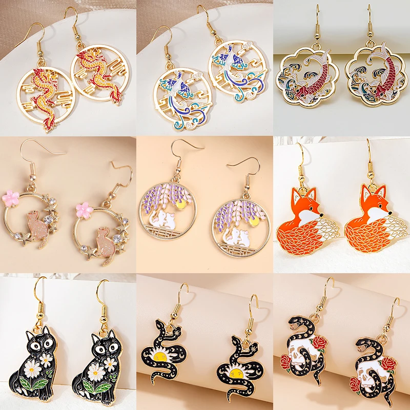 Cute Animal Snake Rabbit Koi Cat Ethnic Earrings For Women Girls Enamel Painted Colorful Gold Color Earrings Jewelry animal earrings,golden earrings
