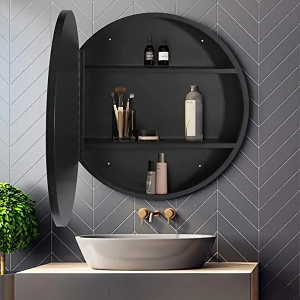Metal Framed Round Mirror Bathroom Medicine Cabinet Storage Cabinet