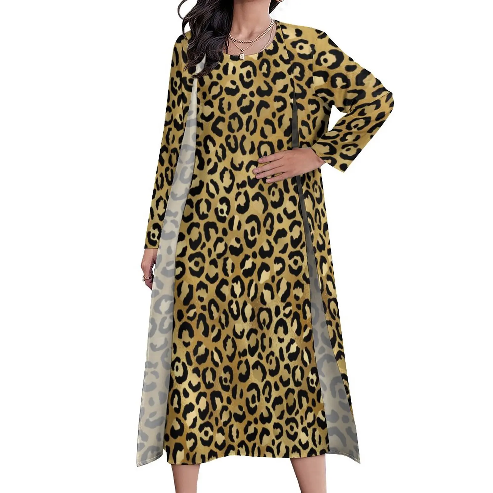 

Gold Leopard Dress Animal Print Vintage Maxi Dress Two Piece Design Boho Beach Long Dresses Aesthetic Big Size Clothing
