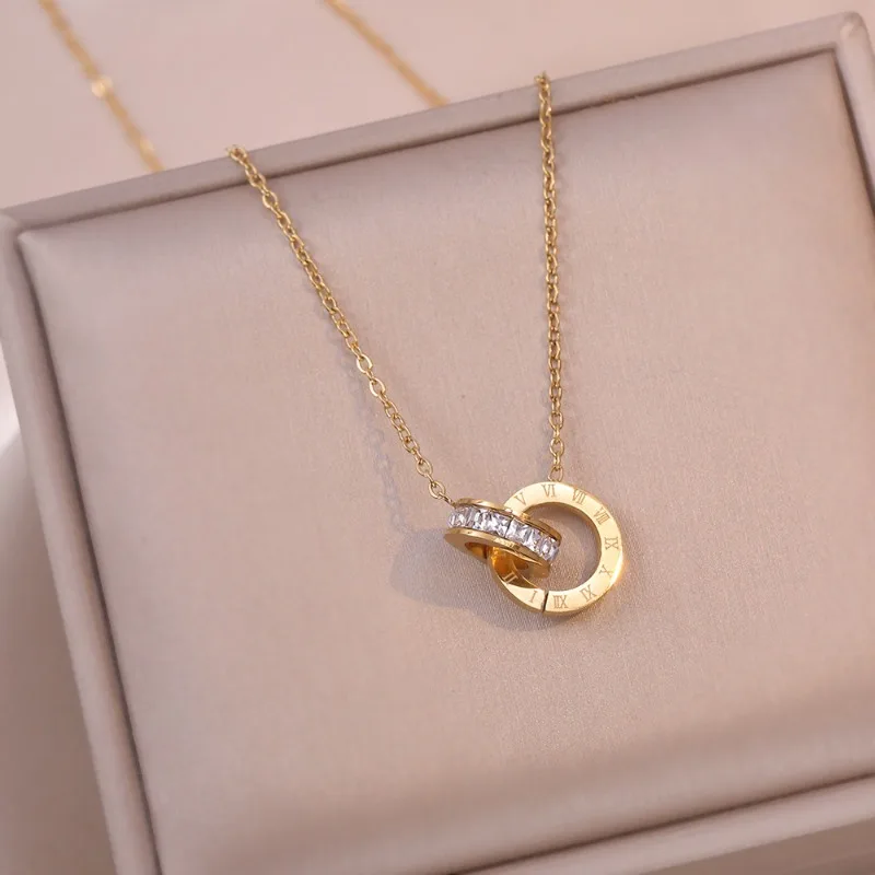 Luxury Elegant Stainless Steel Roman Number Pendant Necklace for Women Zirconia Chain Choker Fashion Charm Female Jewelry