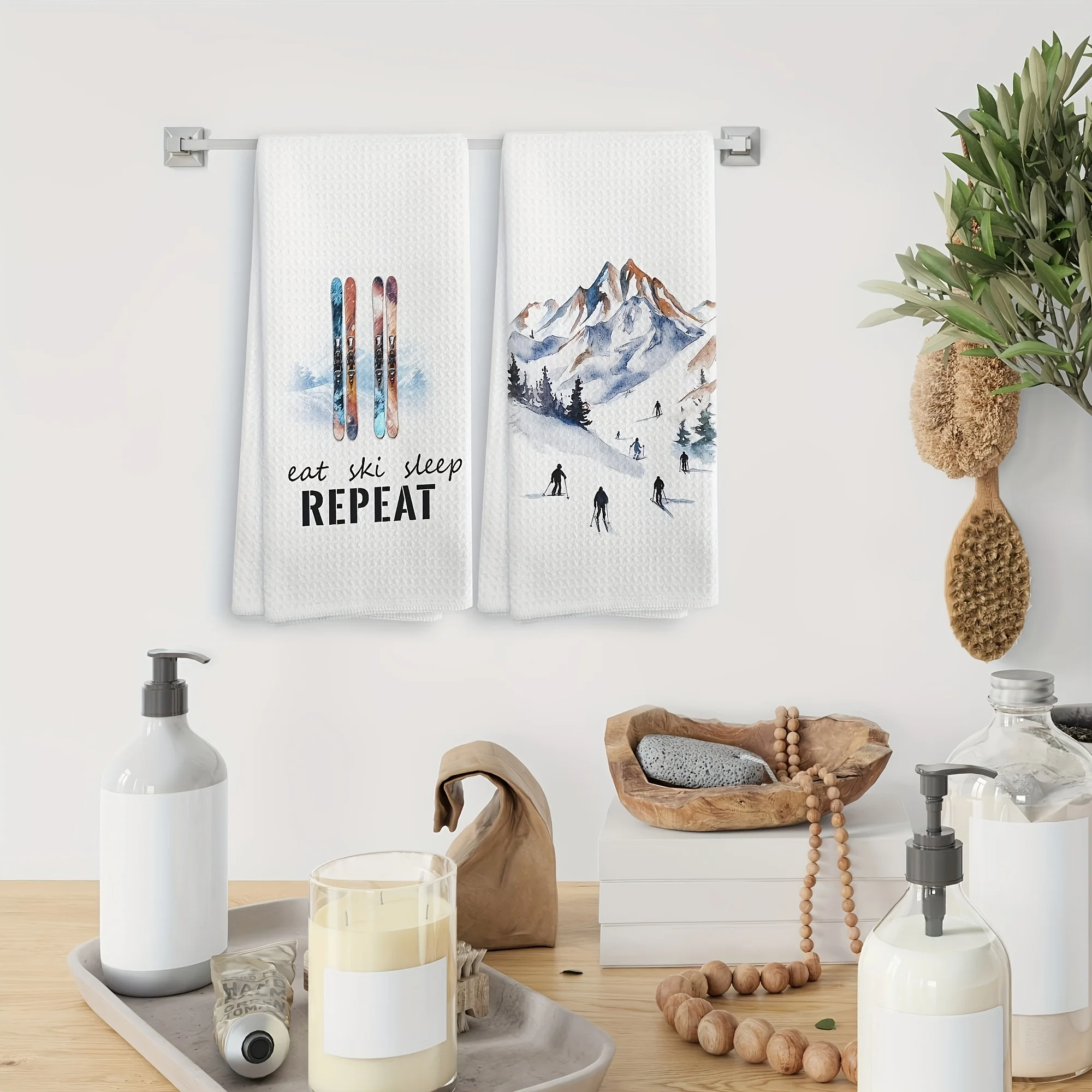 2PCS Winter Ski Skier Kitchen Towel and Napkin Set, Ski Gift, Ski Decoration, Winter Drying Cloth Hand Towel Tea Towel for Bathr 4