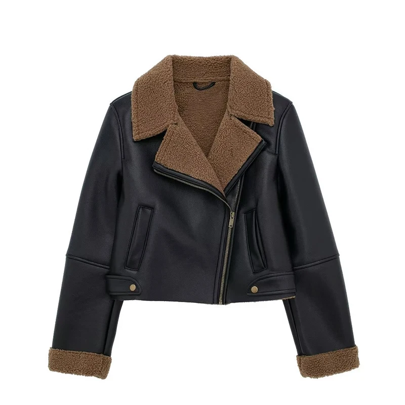 

Winter Thick Short Leather Woman Clothing High Waist Long Sleeve Cropped Tops Women's Jacket Warm Cardigan Jackets for Women