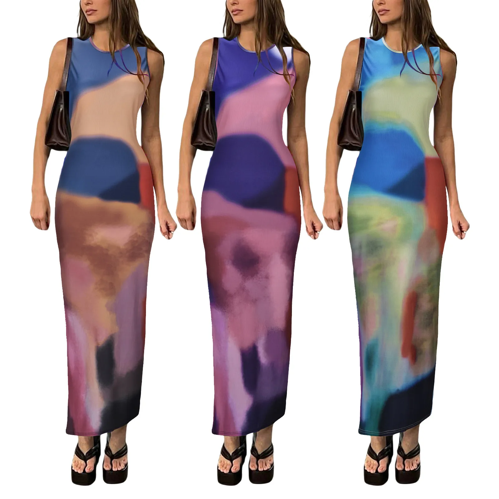 

Sleeveless Backless Maxi Dress Women 2023 Summer Bodycon Elegant Sexy Tie Dye Outfits Ladies Birthday Party Club Sundress Robe