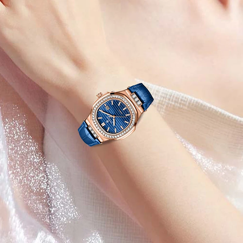 Elegant Women's Blue Leather Luminous Square Quartz Watch