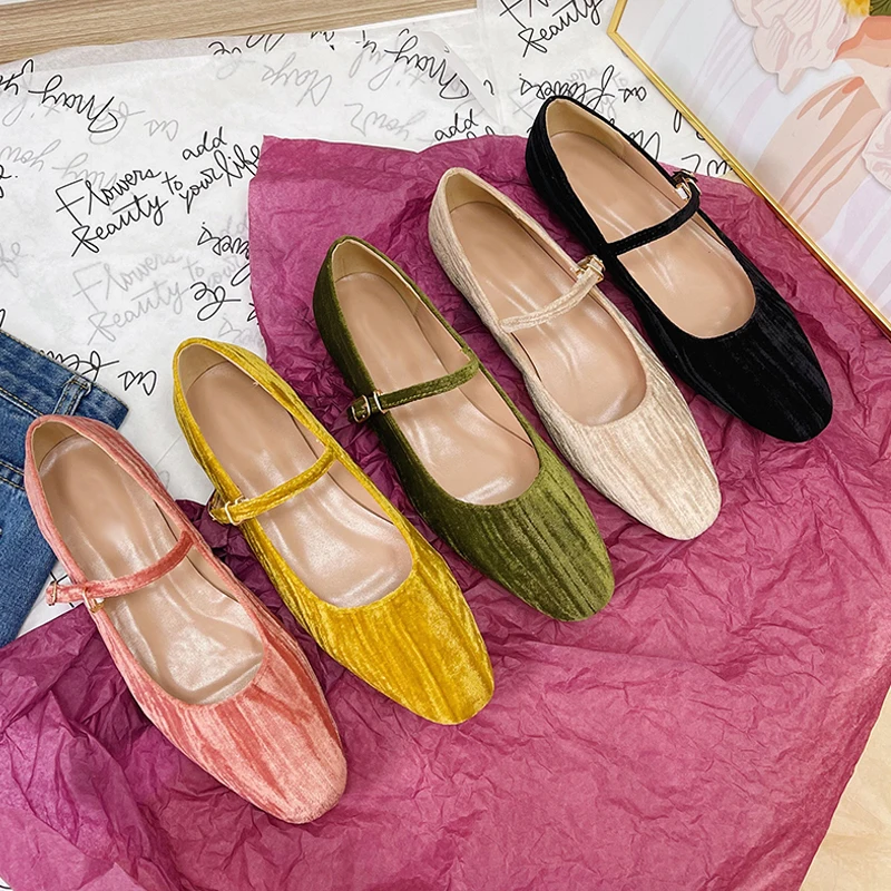 2023 Women Shoes Luxury Velvet Ballet Shoes Women Square Toe Flat Mary