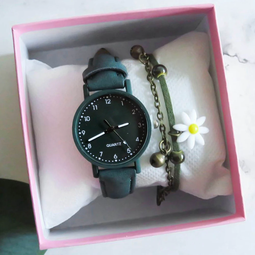 

2PCS /Set Fashion Daisy Bracelet Women Wristwatch Casual Ladies Dress Sports Bangle Quartz Clock Ladies Wrist Watches Relogio