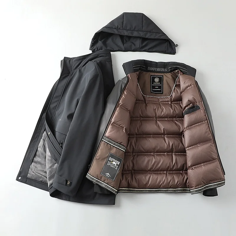 Detachable Hooded Down Jacket Men 3-in-1 Liner Hat Waterproof Coat, Warm Parka, Windproof, Outdoor Trekking, Autumn and Winter