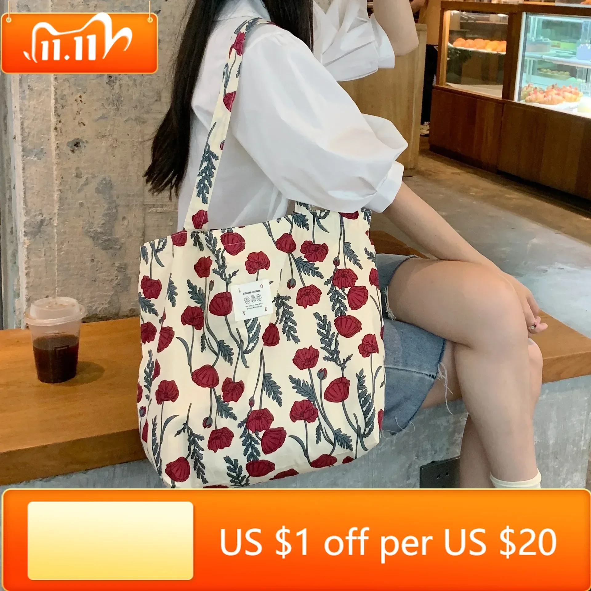 

Floral Canvas Tote Bag for Women Large Capacity Printed Shoulder Bag Shopping Bag Female Fashion Casual Open Handbag