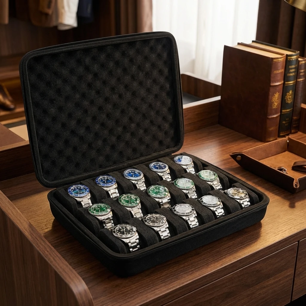 하드쉘 15 슬롯 시계 보관함, 대형 및 소형 시계 모두 수납 가능한 시계 휴대용 케이스, 부드러운 폼 베개 포함