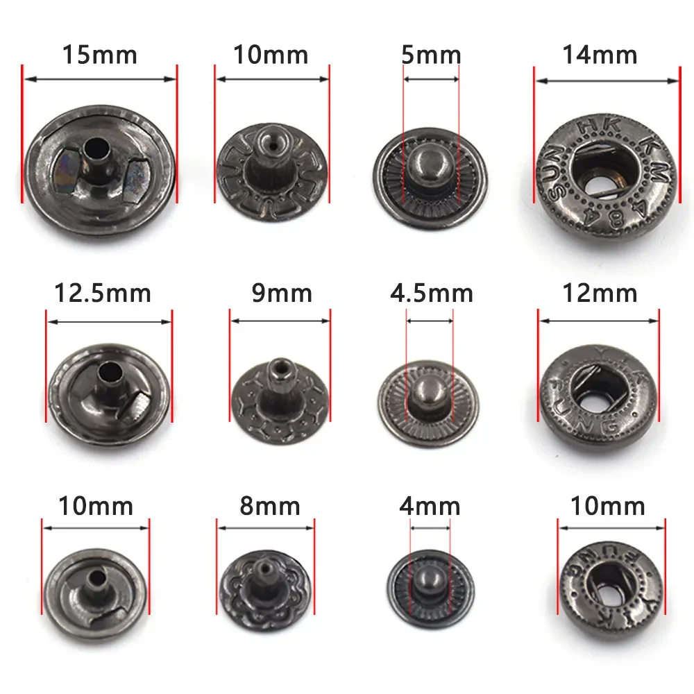 500sets press buttons S-Spring type silver/black/bronze/gold metal snaps 15mm/12.5mm/10mm  sewing accessories bulk clothing DIY 6