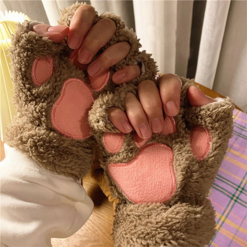 Gants Mitaines Hiver Peluche - Patte Chat Ours Kawai - Beige - Enfant Unisexe