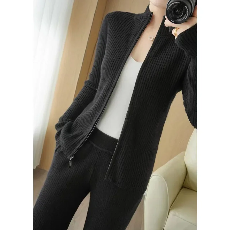 New Autumn Winter Wool Suit Women's Stand Collar Pure Wool Knit Two-Piece Zipper Cardigan Wide Leg Pants Solid Color Loose
