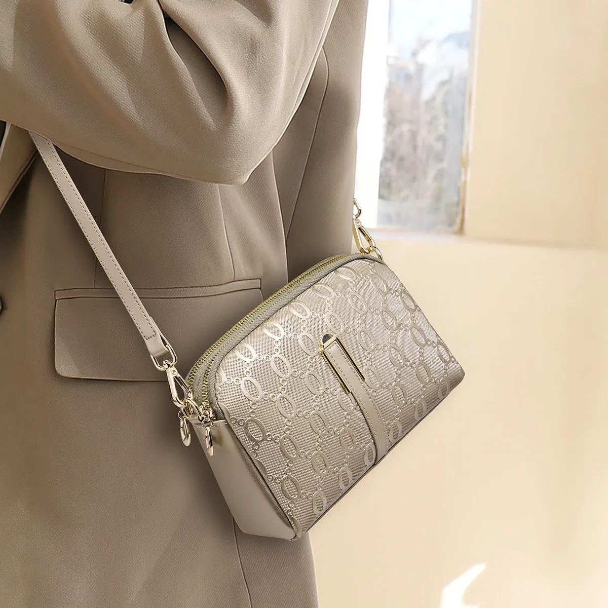 FOXER Elegant Women's Shoulder Bag Split Leather Lady Crossbody Bag Fashion Monogram Print Large Capacity Purse 2