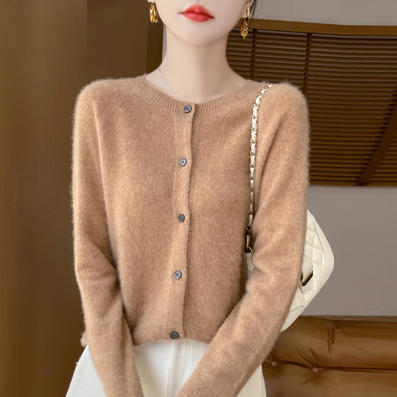 Fall/Winter 2024 new 100% Merino wool knitted round neck cardigan loose slim fashion solid color commuter sweater coat 5