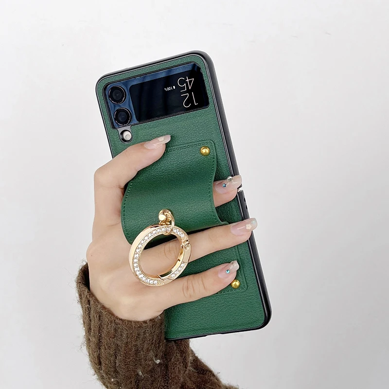 Bling Diamonds Finger Ring Buckle PU Leather Shockproof Phone Case