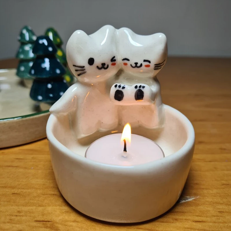 

Couple Kitten Candle Holder Cute Cat Candlestick Aromatherapy Candle Holder Desktop Ornaments Heat Resistant Crafts Home Decor