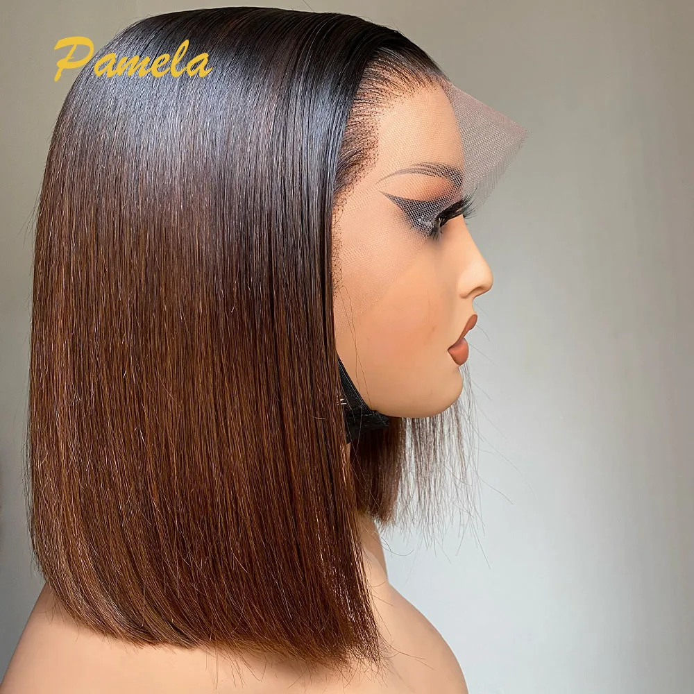 250% Density Short Bob Bone Straight Ombre 1b/4 Colored Wig For Women 13x6 Transparent Lace Frontal Human Hair Wig Preplucked