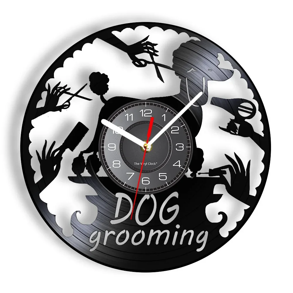 Dog Grooming Salon Sign Vinyl Record Orologio Da Parete Barboncino Puppy Pet Shop Decor Dog Baths Haircut Nail Trimming Retro Wall Watch