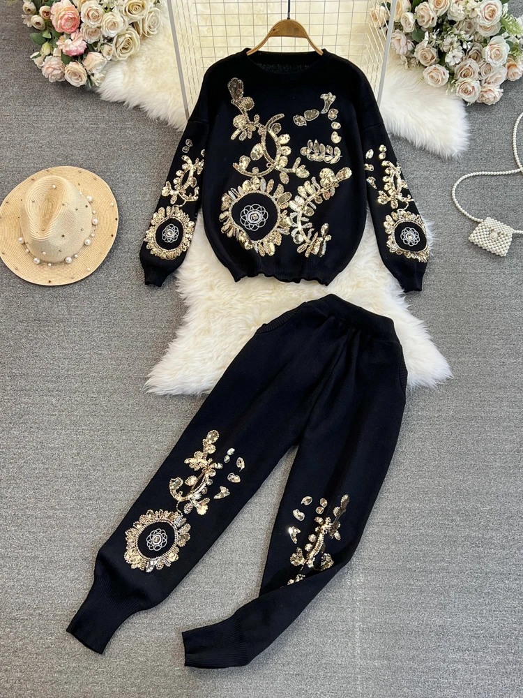 

2 Piece Set Phoenix Pearls Sequined Casual Sports Knitted Trouser Pant Set Women Sweater Jumper Tops Track Suit