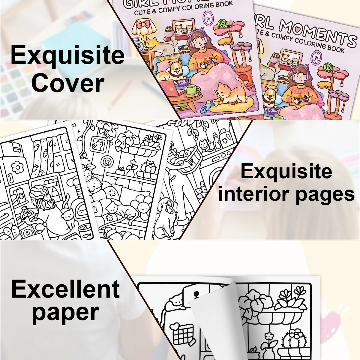 Girl Moments Malbuch für Erwachsene, niedliche, gemütliche tägliche Aktivitäten, gemütliche Räume, Design, Stressabbau, Entspannung, Zeichnen, Geschenkbuch – Detail 4