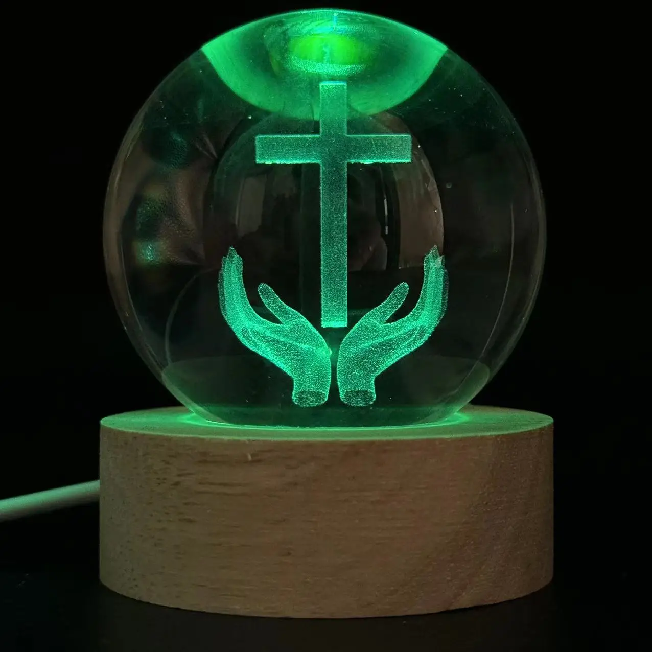1pc, 크로스 라운드 볼 야간 조명을 들고 3D 레이저 조각 손, 컬러 라이트 우드 램프 홀더, 홈 장식 데코