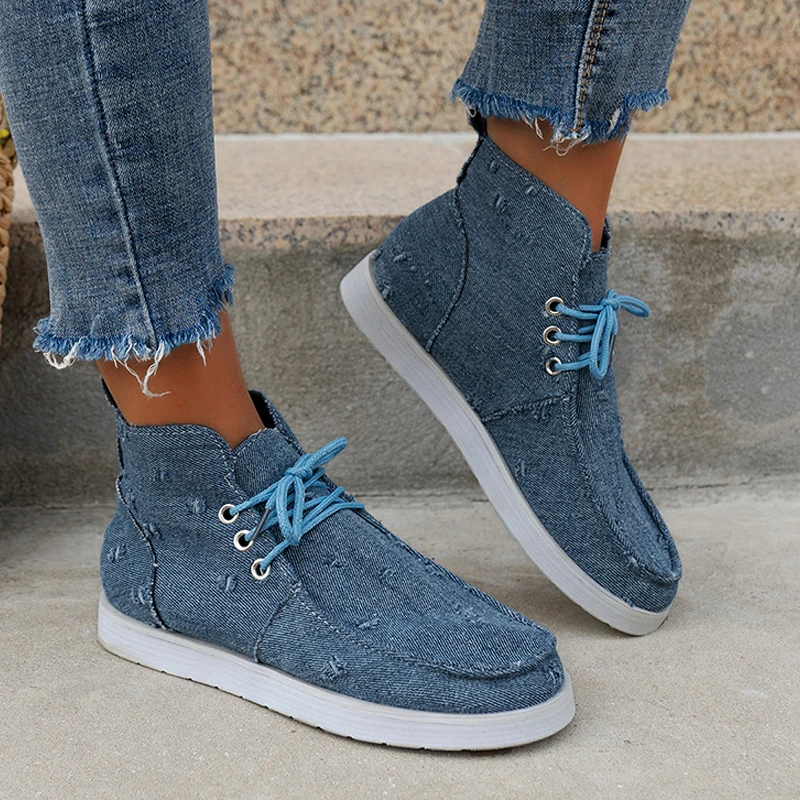 Hollow Out Denim Boots Woma Black White Cow Print Canvas High Top