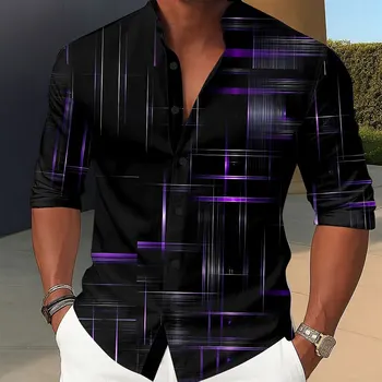 Camicia casual da uomo Camicia con linea sfumata geometrica Camicia con bottoni Manica lunga Moda casual Risvolto Camicia con stampa 3D Estate Autunno 1