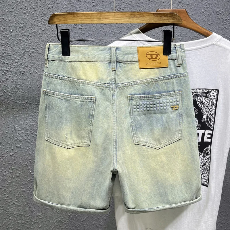 2024Summer New Nostalgic Washed Denim Shorts Men's Retro Street Trend Casual Stretch Ripped Pirate Shorts