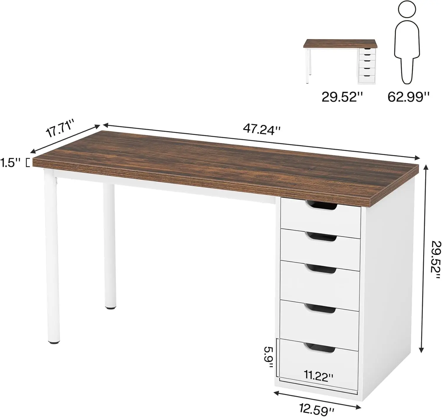 Computer Desk with 5 Drawers, 47 inches Rustic Brown Home Office Desk with Storage, Modern Simple Laptop Study W