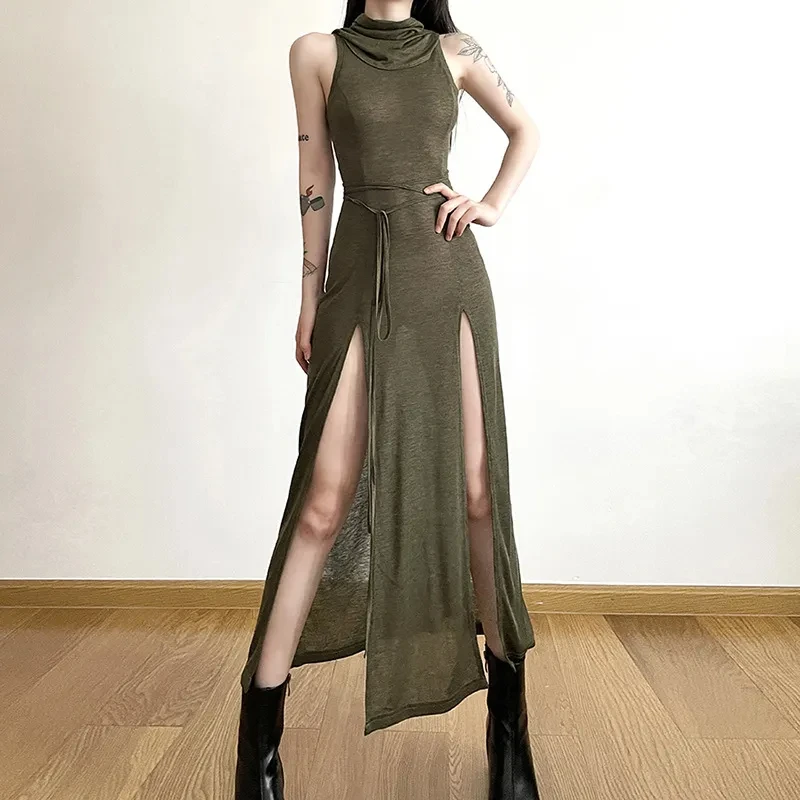 

Y2K Retro Waste Soil Style Spicy Girl 2024 Summer New Solid Color Sleeveless Hooded Sexy Split Long Hollow Out Lace up Dresses