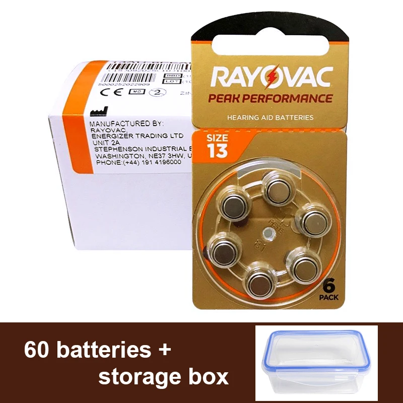 

60x Rayovac Peak Hearing Aid Batteries 13 A13 13A P13 PR48 1.45V UK Zinc Air Cell Button Battery for BTE Hearing Aids Amplifiers