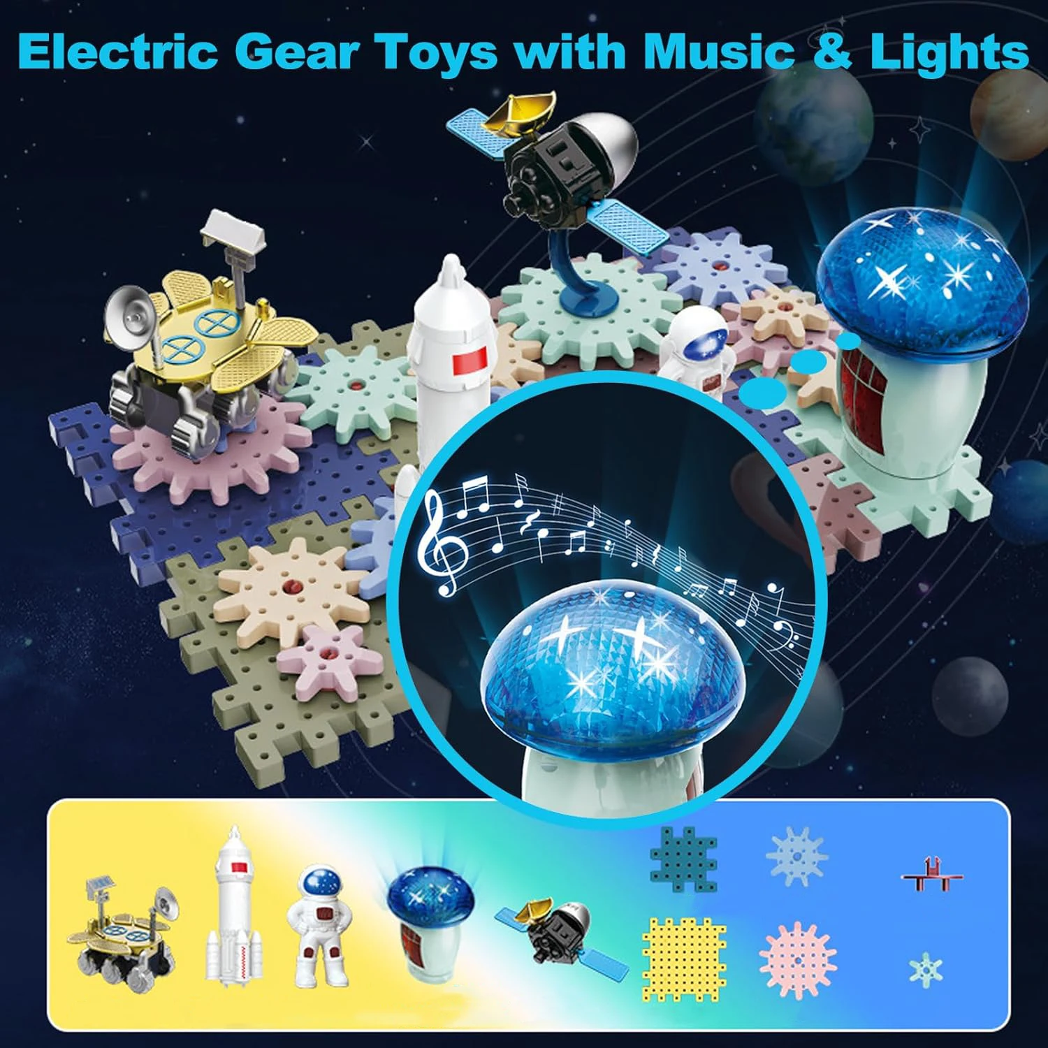 Space Rocket Large Electric Gears Building Blocks Set with Music & Light STEM Educational Construction Toys for Children Gifts