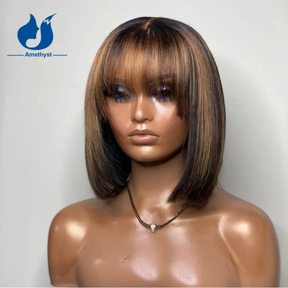 

Amethyst 4X4 Lace Closure Bob Wig With Bangs Remy Brazilian Highlight 5x5 PU Silk Base Lace Wig Pre Plucked And Bleached Knots