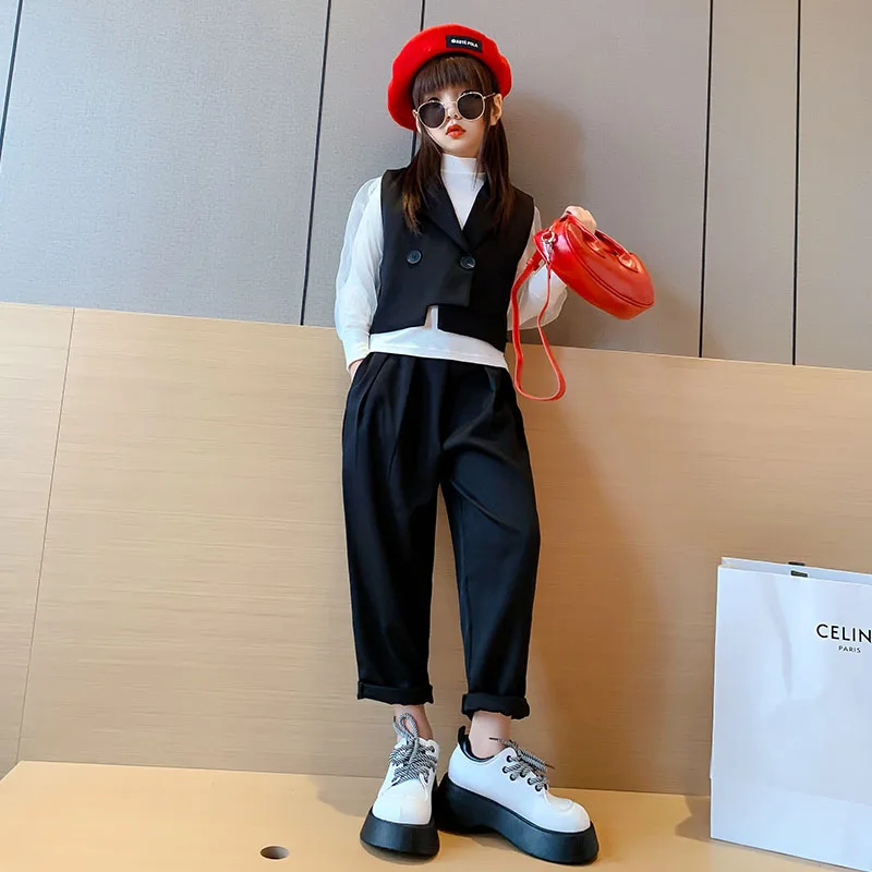 

Girls Uniforms Formal Suits Fashion Spring Autumn Kids Clothes Vest + Bottoming Shirt + Pants 3pcs Teens Casual Outfits 4-14 Yrs